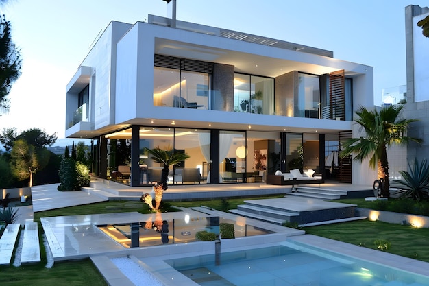 Villa de luxo moderna no crepúsculo