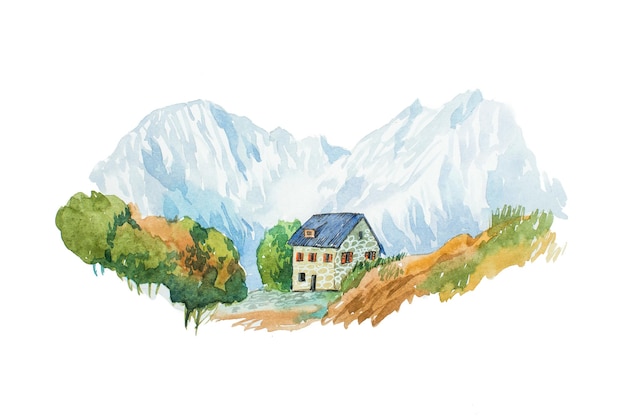 Villa e jardim na ilustração de aquarela de montanhas