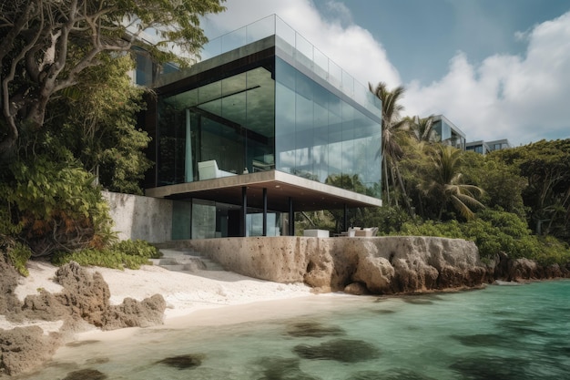 Una villa frente al mar con una pared de vidrio y una playa al frente.