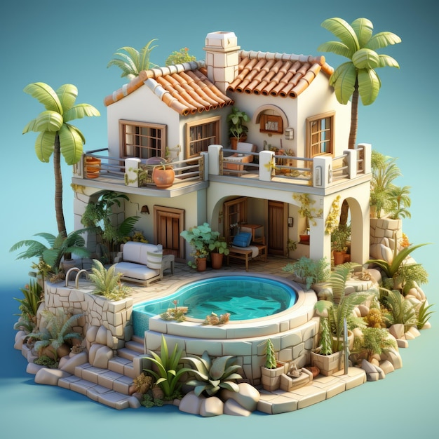 Villa isométrica de ilustração 3D com piscina