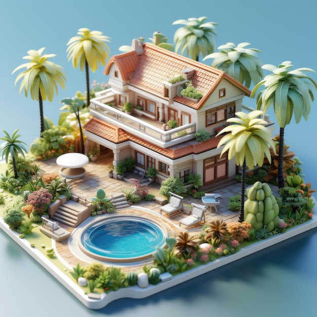 Villa isométrica de ilustração 3D com piscina