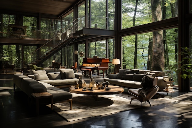 villa japonesa moderna ubicada en un frondoso bosque con grandes ventanales que traen el exterior