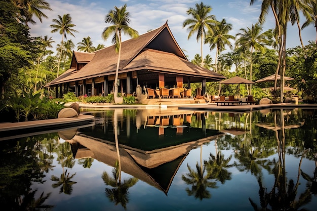 Villa de lujo balinesa tailandesa con piscina infinita Un jardín tropical en ubud, bali, indonesia