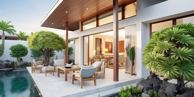 Villa de lujo de concepto abierto con piscina y varios otros elementos al aire libre minimalistas