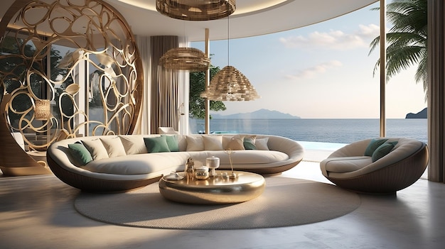 Villa de lujo en el diseño de interiores junto al mar de la moderna sala de estar con esculturas doradas