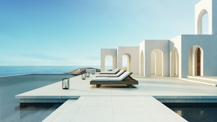 Villa de lujo en la playa y la piscina estilo Santorini