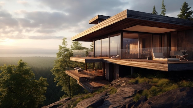 villa de madera contemporánea en el borde de un acantilado con vistas al bosque