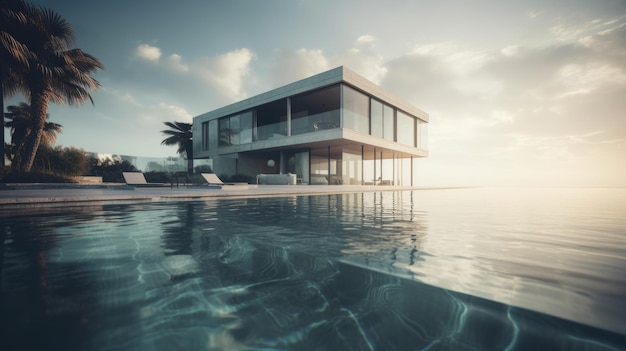 Villa minimalista residencial de luxo com piscina e oceano Al gerado