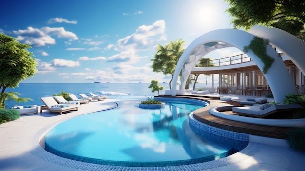Villa moderna à beira-mar com piscina infinita e palmeiras