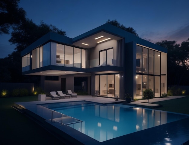 Villa moderna com piscina com vista noturna de cor quente