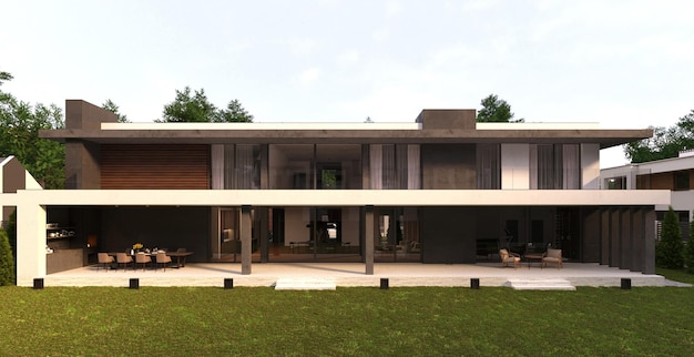Villa moderna com um grande terraço e janelas panorâmicas. visualização 3D. Arquitetura única