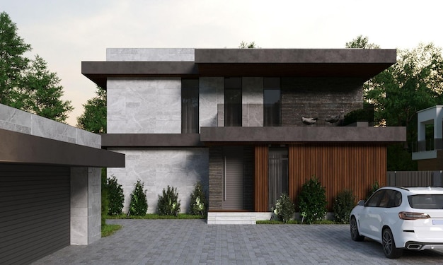 Villa moderna com um grande terraço e janelas panorâmicas. visualização 3D. Arquitetura única.