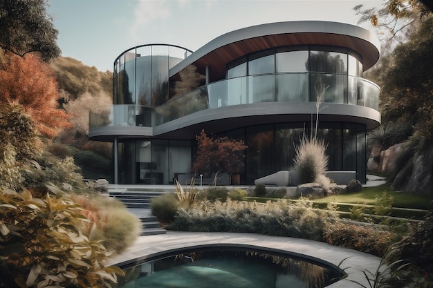 Villa moderna con diseño exterior curvo y fluido Concepto de arquitectura ecológica verde IA generativa
