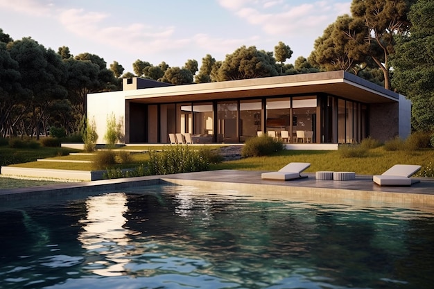 Villa moderna em cimento exposto com jardim e piscina
