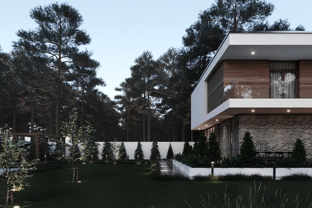 Villa moderna con una gran terraza y ventanas panorámicas. visualización 3d. iluminación nocturna