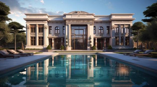 Villa moderna de lujo o arquitectura de hotel con piscina al aire libre primer plano extremo IA generativa