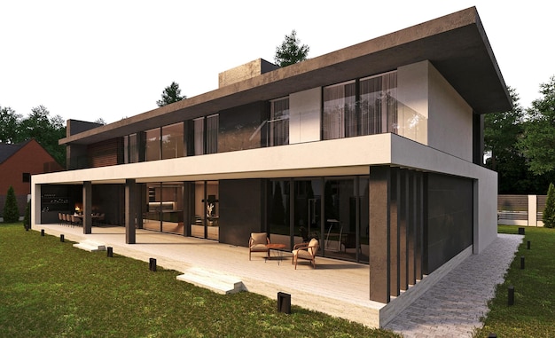 villa moderna con terraza y ventanas panorámicas. visualización 3D. casa de lujo