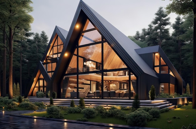 villa modernista em forma de triângulo no meio do conceito de arquitetura florestal