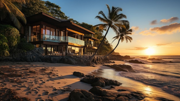 Villa de paisaje tropical con palmeras y mar azul