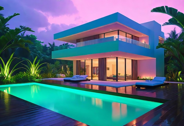 Villa tropical de lujo con piscina y arquitectura exquisita en un jardín verde exuberante