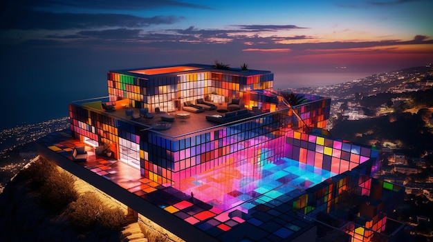 Villa ultramoderna coberta com grande iluminação colorida Imagem gerada por IA