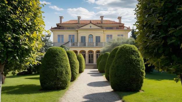 Villa und Garten im europäischen Stil mit schön geschnittenen Büschen und Bäumen