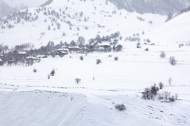 Village Zemo Mleta con nieve cubierta, hermoso paisaje, Georgia