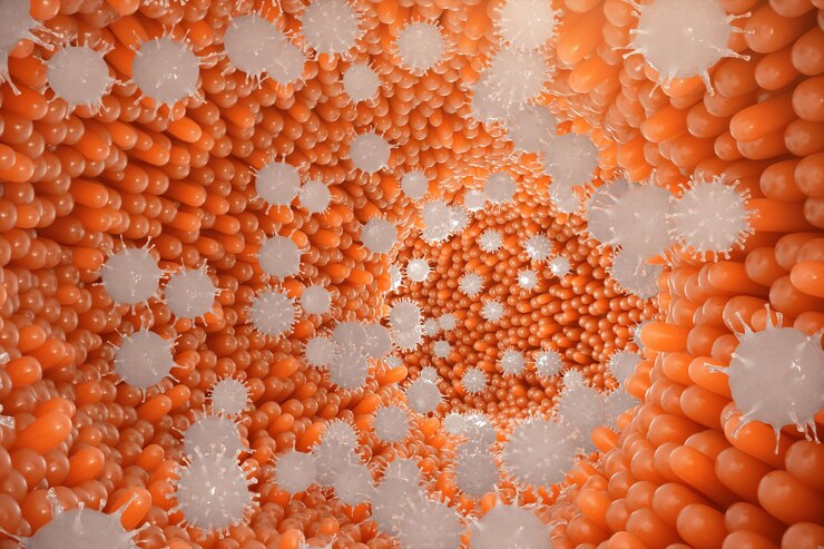 Foto vilosidades intestinais. revestimento do intestino. capilar microscópico. intestino humano. conceito de um intestino saudável ou doente. vírus ou bactérias, organismo infectado por células, imunidade diminuída, renderização em 3d