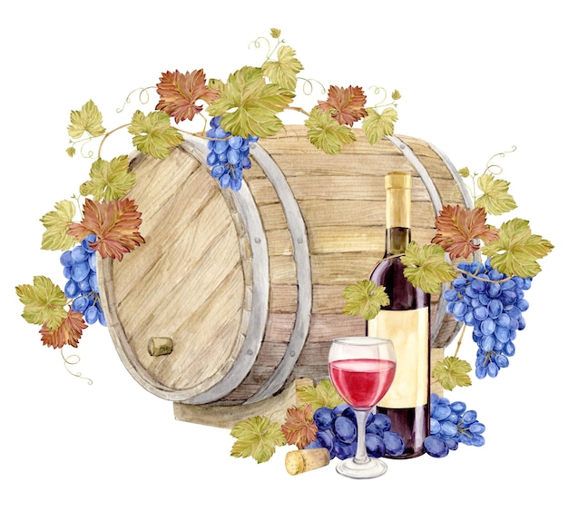 Viña con bayas azules y barril de roble Botella de vino tinto en acuarela con etiqueta de papel viejo y vaso de vino rojo Ilustración para degustar el menú carteles de bares de cafeterías y diseño de listas de vinos