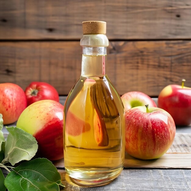 Vinagre de manzana en frasco de vidrio con frutas de manzana frescas