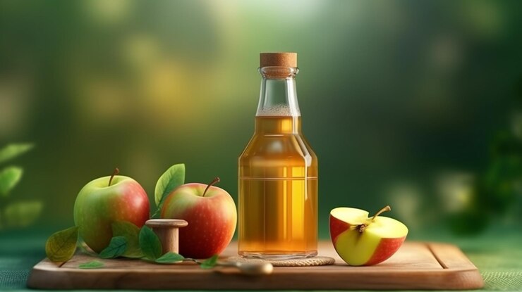 Vinagre de manzana y manzanas frescas sobre una mesa de madera frente a un fondo borroso generativo ai
