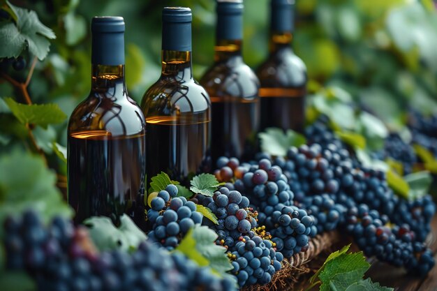 Viñas con racimos de uvas negras y botellas de vino sobre el tema de la elaboración del vino y la viticultura