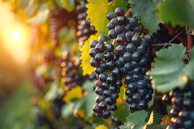 Viñas con racimos de uvas negras sobre el tema de la elaboración del vino y la viticultura