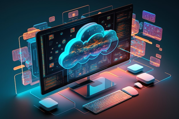 Vinculación de la computadora a la nube con conexión de servidor Almacenamiento en la nube en línea Computación de contacto Dispositivos conectados al almacenamiento en el centro de datos tableta teléfono dispositivos domésticos con conexión en línea