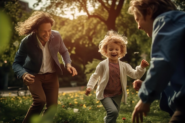 Vinculación familiar Momentos alegres de padres e hijos jugando en un parque