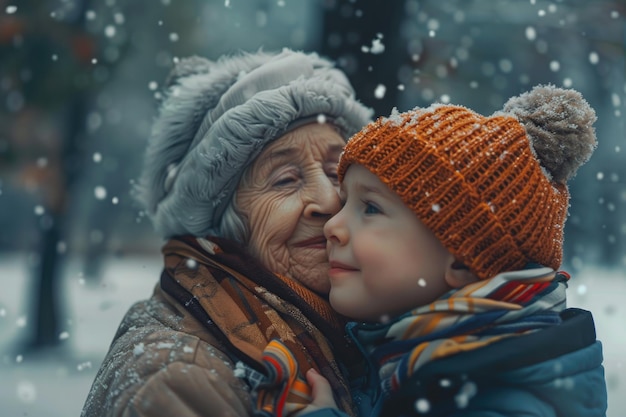 El vínculo entre la abuela y el niño en el parque de invierno