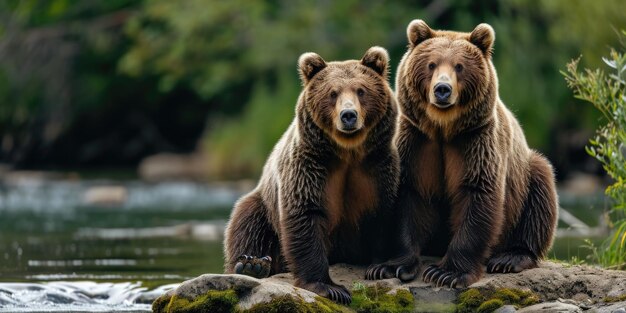 Foto un vínculo estrecho entre dos osos pardos que se sientan juntos a la orilla de un río en la naturaleza