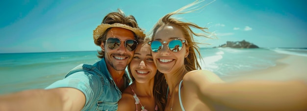 Un vínculo familiar alegre en la playa capturando recuerdos con una selfie