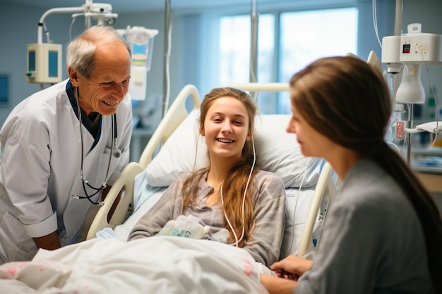 Foto un vínculo familiar en el hospital visitando a una joven paciente en su habitación del hospital