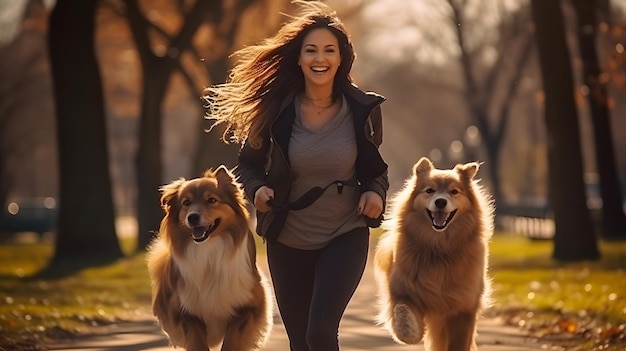 Foto un vínculo inquebrantable una joven y sus golden retrievers se abrazan de corazón en un pais tranquilo