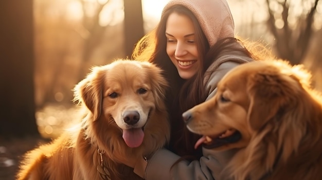 Foto un vínculo inquebrantable una joven y sus golden retrievers se abrazan de corazón en un pais tranquilo