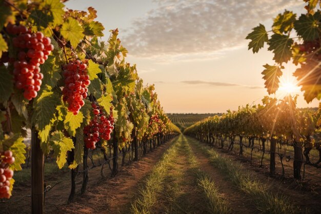 Un viñedo al atardecer los cálidos tonos del cielo se reflejan en las uvas maduras