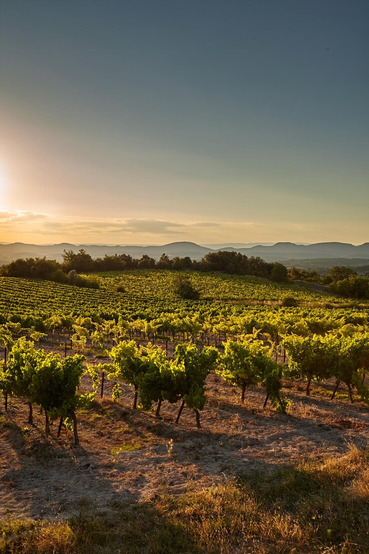 Viñedo al atardecer una plantación de vides paisaje mediterráneo montañoso sur de Francia Europa