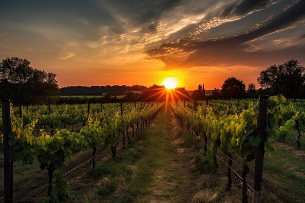 Viñedo al atardecer con la puesta de sol detrás de hileras de vides creadas con ai generativo