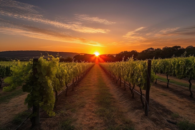 Viñedo al atardecer con la puesta de sol detrás de hileras de vides creadas con ai generativo