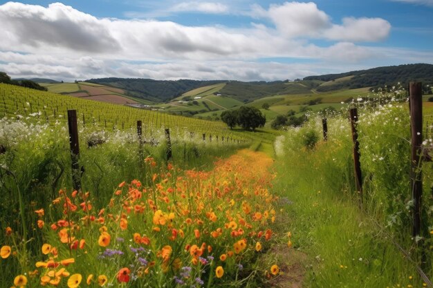 Viñedo con colinas y campos de flores silvestres creado con IA generativa