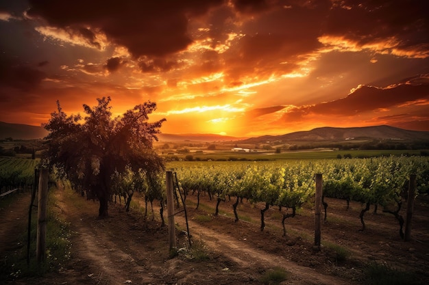 Viñedo con espectacular puesta de sol como telón de fondo que muestra la belleza de la naturaleza creada con IA generativa