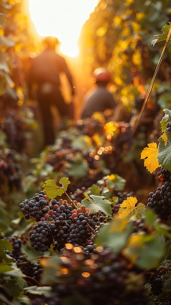 Un viñedo extenso en el tiempo de la cosecha con trabajadores en los campos