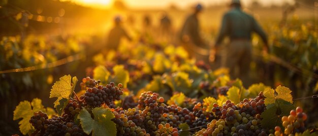 Un viñedo extenso en el tiempo de la cosecha con trabajadores en los campos