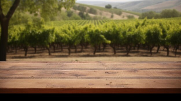 Un viñedo francés sirve como establecimiento nublado para una mesa de madera limpia. Recurso creativo Generado por IA